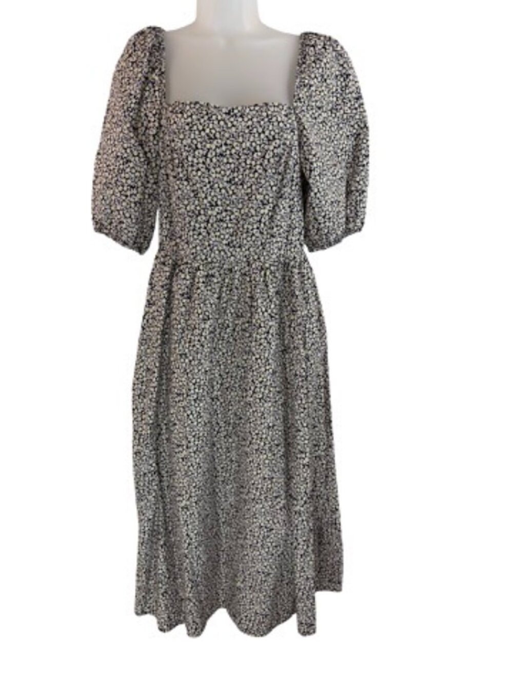 H&M Black White Yellow Midi Cotton Puff Sleeves Smocking Dress Medium